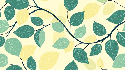 Obraz premium Subtle and serene botanical pattern featuring soft green and yellow leaves set against a light background, perfect for nature-themed designs and organic aesthetics.