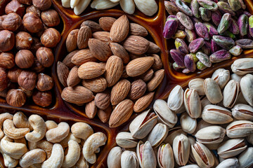 Assortment of nuts in ceramic bowl, close up, top view. Cashew, hazelnuts, pistachios and almonds nuts. Vegetarian meal. Healthy eating concept