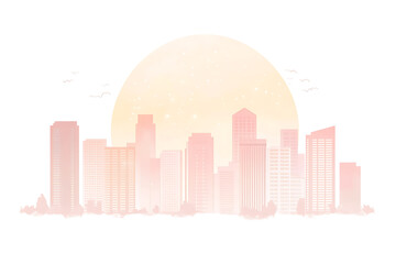 Obraz premium A pastel sunset casts a warm glow over a city skyline with modern high-rise buildings and silhouettes of birds in the sky