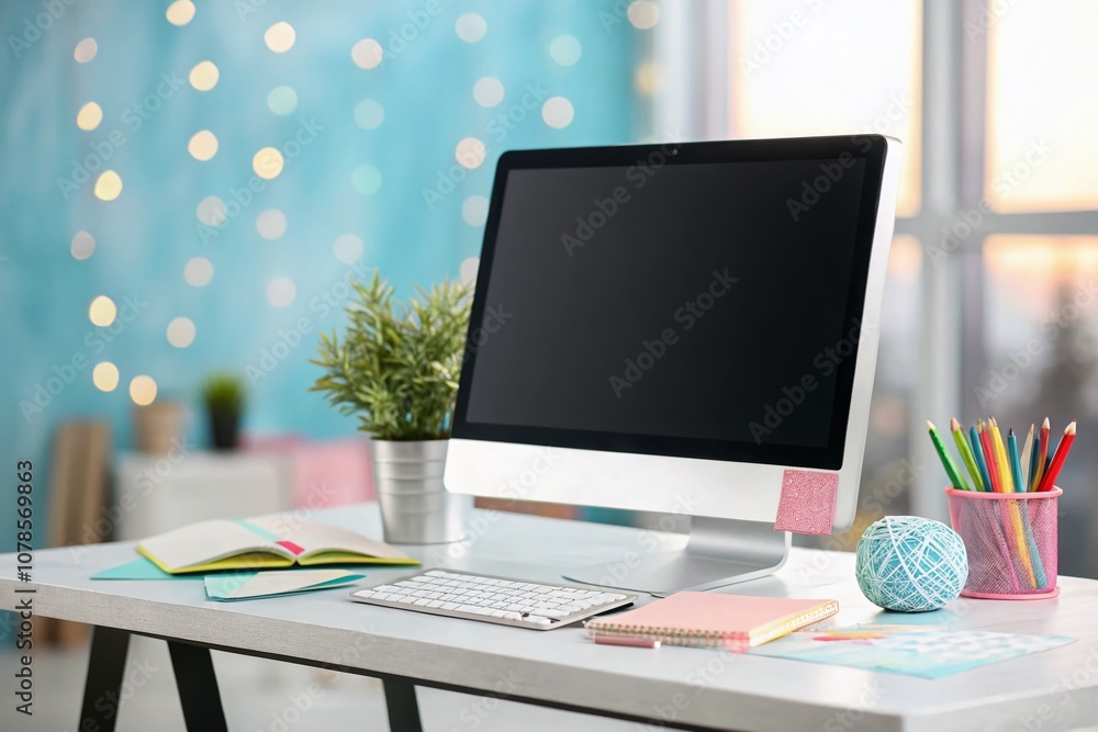 Aufkleber portrait photography featuring a clipart monitor computer on a modern workspace desk with creative e