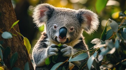 Obraz premium A close-up of a koala sitting in a eucalyptus tree and eating leaves.