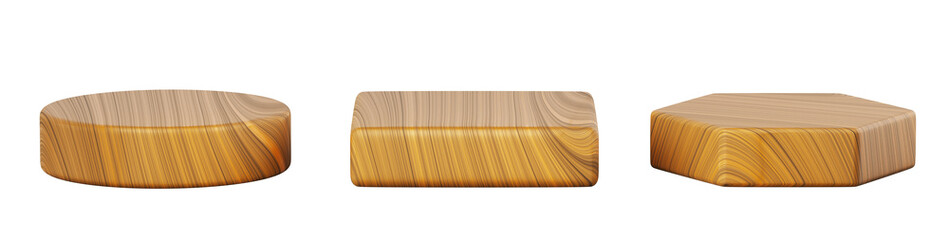 3d wooden circle, square and hexagon stand podium, platform for product display isolated on transparent background png render icon set. Natural wood cosmetic pedestal, stage mockup. 3D illustration