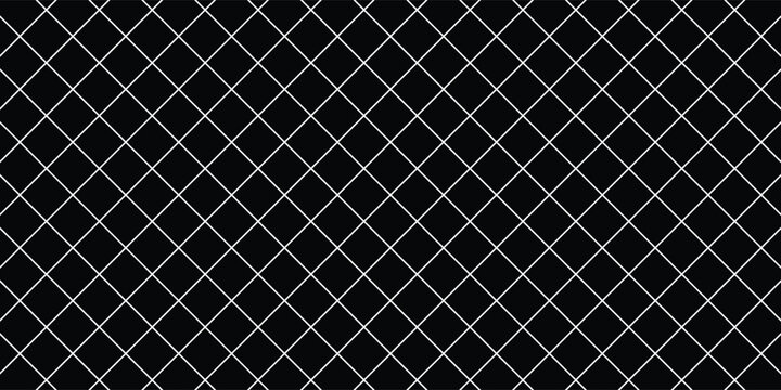 Seamless surface pattern with symmetric geometric ornament. White diagonal stripes abstract on black background. Grill motif. Crossing lines wallpaper. Digital paper for page fill. Vector illustration