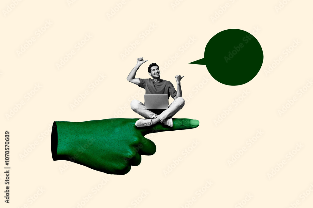 Aufkleber composite photo collage of happy man sit hand point finger text box laptop notification message isol