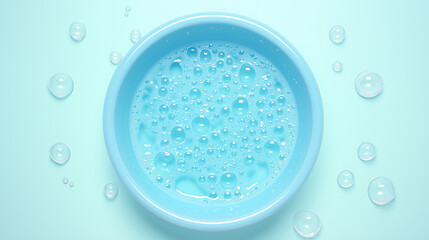 Top view of sky blue basin filled with bubble water isolated on a blue background.