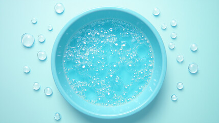 Top view of sky blue basin filled with bubble water isolated on a blue background.