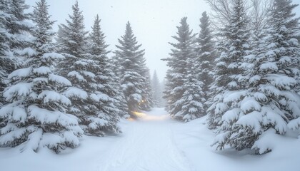 Fototapeta premium Serene winter scene of snow-covered pine forest with peaceful white landscape