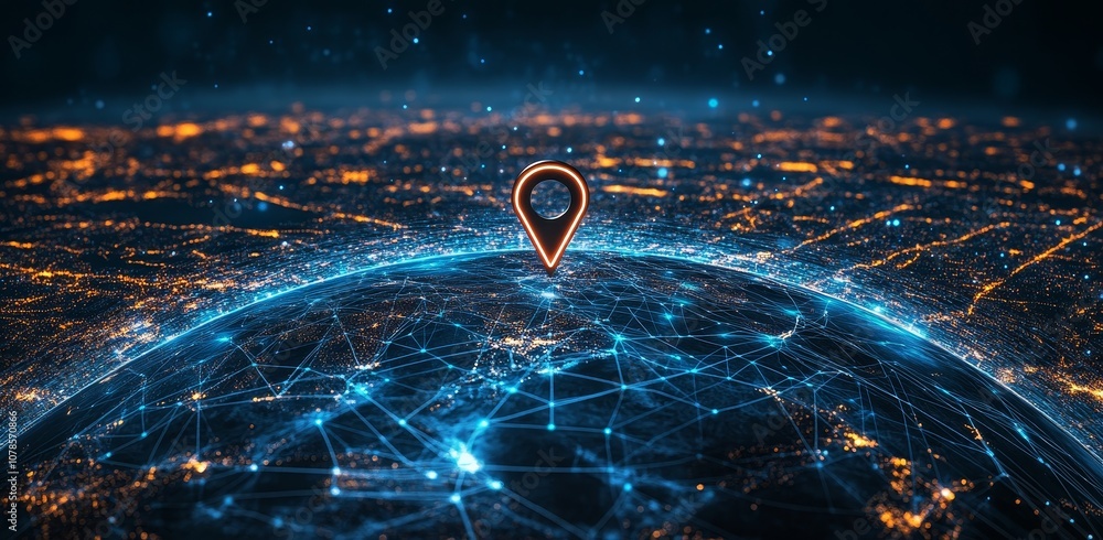 Poster this futuristic neon blue globe in the shape of a map features a futuristic location sign and map ic