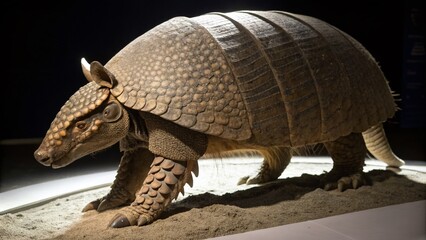 Fototapeta premium Realistic Night Photography of Extinct Armored Beast Glyptodon on a White Background, Capturing the Unique Features and Details of This Prehistoric Creature in Stunning Clarity