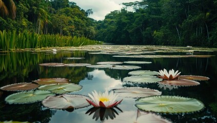 Serene Water Lily Pond in a Lush Jungle