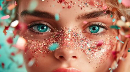 A close-up of a woman’s face, her eyes gleaming as colorful glitter confetti sparkles across her skin, embodying celebration and joy in vivid detail.
