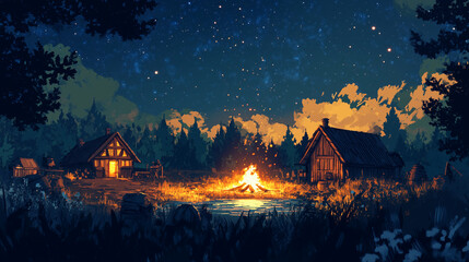 illustration of cozy scene  around an old houses crackling fire, stars above.