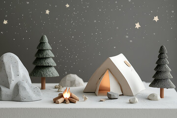 Cozy camping scene with a model tent and trees under a starry sky creating a serene atmosphere for adventurous spirits