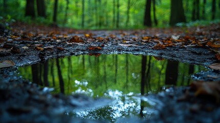 A tranquil forest scene reflecting trees in a puddle.