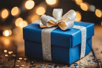 Navy blue gift box tied with a metallic gold ribbon bow set against a glowing background with bokeh lights symbolizing holiday luxury and festive elegance