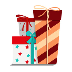 Gift boxes on an isolated white background. Gift boxes for birthday, anniversary, holiday events. The boxes of different sizes are decorated with decorative elements and bows. Vector illustration.