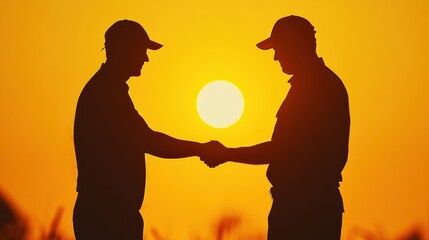 Two Golfers Shake Hands Against a Vibrant Sunset Backdrop on a Golf Course, Symbolizing Camaraderie and Sportsmanship After a Friendly Match