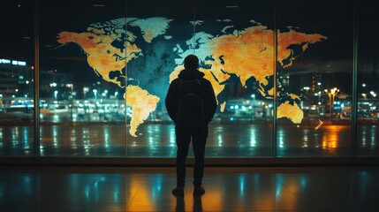 A silhouette of a person gazes at a vibrant world map display in a modern setting.