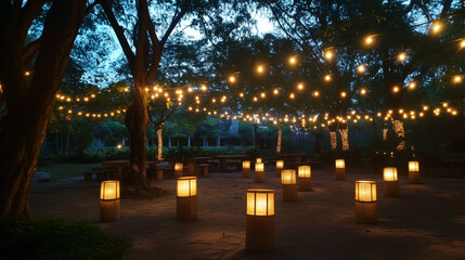 Naklejka premium park lit up with lanterns and string lights, a serene and magical atmosphere for evening strolls.