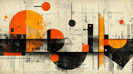 Geometric Abstract Art in Orange and Black with Circles and Lines