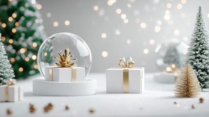 3D Christmas Snow Globe with Gift Box, Snowflake, and Xmas Tree on Festive Podium