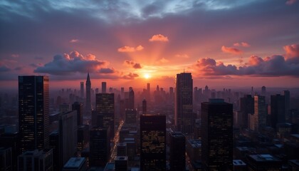 Fototapeta premium Urban skyline at sunset with dramatic orange clouds.Bright, warm, urban sunset through skyscrapers, tall buildings. Overcast, clear weather. Sunlight through the clouds. 