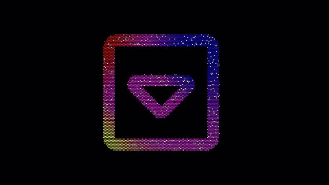 Icon caret square down is made up of LED square shapes that shimmer and flicker. There are black dead diodes. In-Out looped. Alpha BW at the end