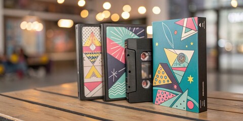 Retro VHS Style Brochure Covers Featuring Geometric Illustrations with a Bokeh Effect for Nostalgic Design Projects and Marketing Materials