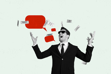 Composite photo collage of excited businessman wear formal suit throw money dollar banknotes...
