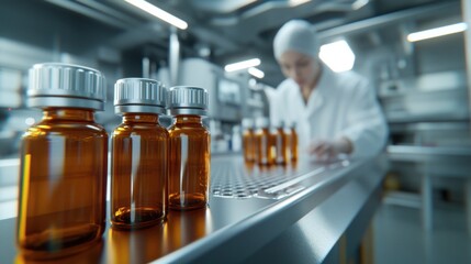 Laboratory Technician Examining Amber Glass Vials in a Modern Pharmaceutical Facility During a Quality Control Process in the Early Afternoon