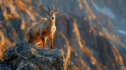 Obraz premium A young ibex stands on a rocky outcropping in the mountains, bathed in the warm glow of the setting sun.