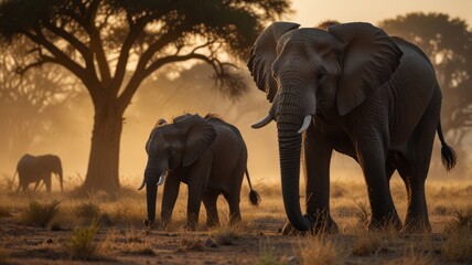 A large elephant and a baby elephant walk through the African savanna at sunrise.