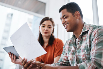 Happy, business people and documents with tablet for financial report, performance or revenue at office. Businessman, woman or colleagues with smile, paperwork or technology for profit at workplace