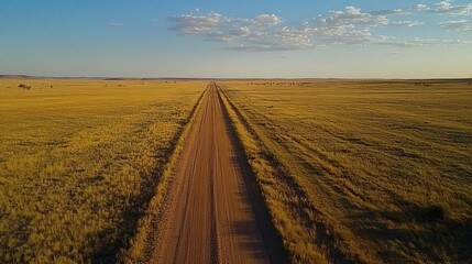 Naklejka premium A long dirt road stretches across a vast, golden field under a blue sky with fluffy white clouds.