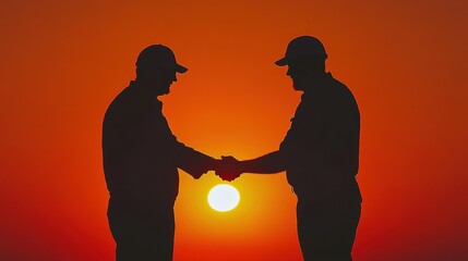 Two Individuals Shake Hands Against a Vibrant Sunset, Symbolizing Partnership and Agreement in a Serene Outdoor Setting