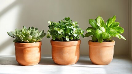Fototapeta premium Three potted plants on a white surface