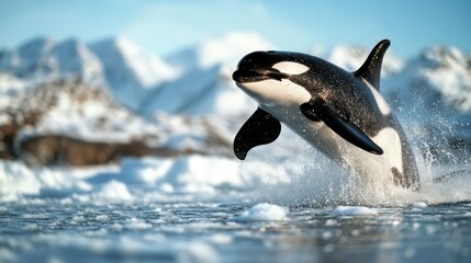 Obraz premium A majestic orca jumps out of the icy blue waters, creating a splash against a backdrop of snow-covered mountains under a crisp, clear sky, showcasing nature’s beauty.