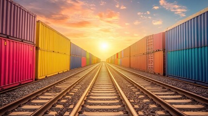 Obraz premium A vibrant sunset over railway tracks lined with colorful shipping containers.