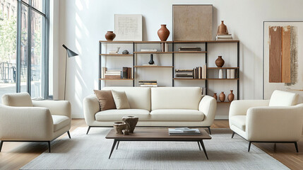 Boucle lounge chairs and sofa in classic room. Minimalist interior design of modern living room. Contemporary living room interior with white wall and panoramic window.