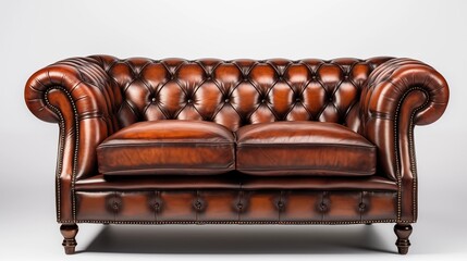 Elegant brown chesterfield sofa in leather, shown on a transparent background for versatile design use.