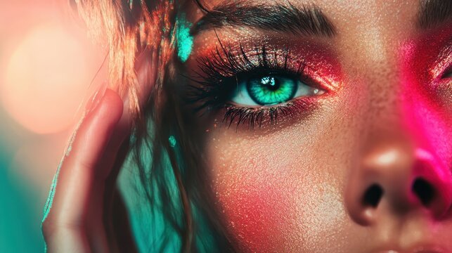 A close-up of a woman's eye with elaborate and striking makeup, featuring vibrant colors and sparkles, showcasing a bold and creative design in a dynamic setting. - Powered by Adobe