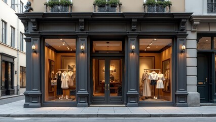Fototapeta premium Storefront glass elevation mockup featuring vintage lighting and detailed moldings, perfect for elegant branding.