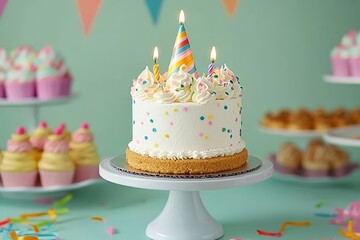 White cake with colorful sprinkles and a gold horn topper surrounded by pastel cupcakes and confetti set on a white pedestal for a whimsical birthday celebration