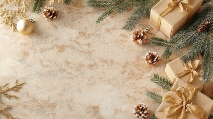 A festive array of gifts wrapped in gold ribbon, adorned with pine cones, creating a warm holiday atmosphere.