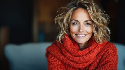 A warm image of a smiling woman in a cozy red sweater, her wavy hair matching her radiant smile, capturing a sense of comfort and joy.