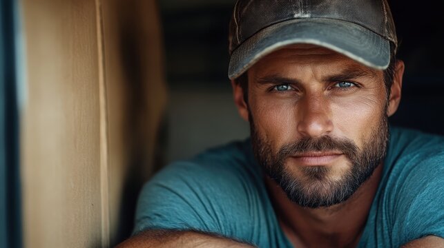 An introspective man with a scruffy beard sits in a cabin, wearing a cap, lost in thought as daylight streams through the small nearby window to light his face.