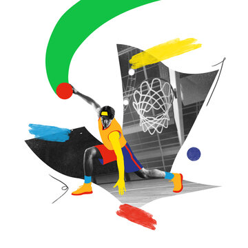 recommend clip art: Contemporary art collage. Basketball player dribbling with colorful geometric accents against black-and-white background, showcasing agility and movement. Concept of sport event, championship. Ad
