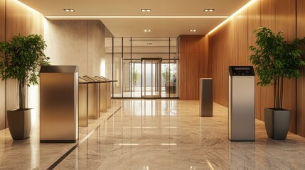 Fototapeta premium Modern lobby with sleek design, plants, and glass entrance.