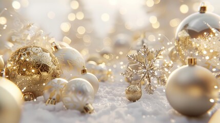 Christmas decorations illuminate with gold glittering accents, creating an abstract glow light texture. The shimmering ornaments and festive lights capture the essence of the holiday season, blending 