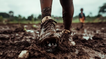 A close-up of mud-caked boots trudging through a muddy field, with another person visible in the blurred background, depicting a raw connection with nature.